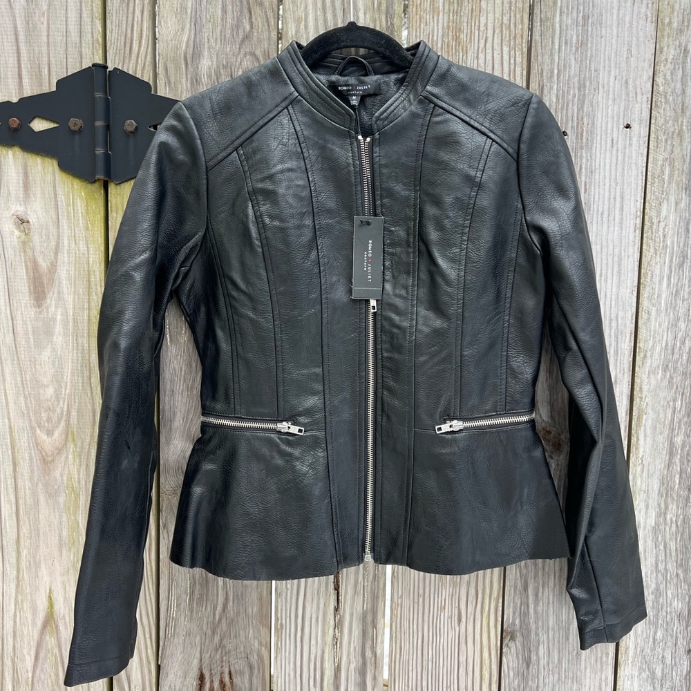 ROMEO & JULIET COUTURE Vegan Leather Jacket Peplum Detail Women’s Medium NWT